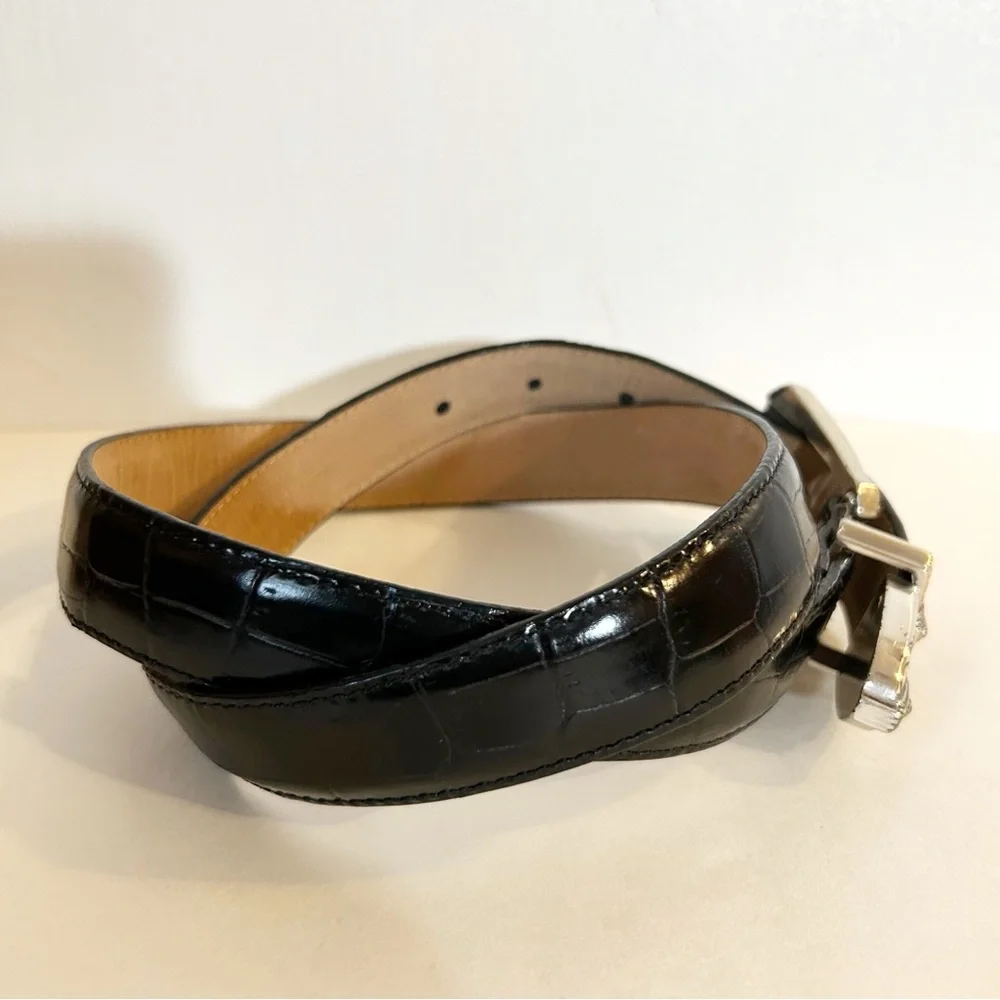 VTG Brighton Croc-embossed Black Leather Belt Western-style Silver Buckle ML 32